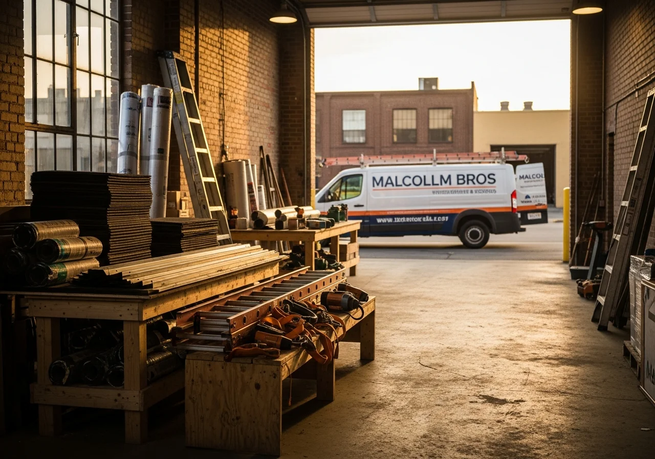 Roofing crew and equipment on a residential job site, showcasing professional tools and materials used for roof repair and installation work.