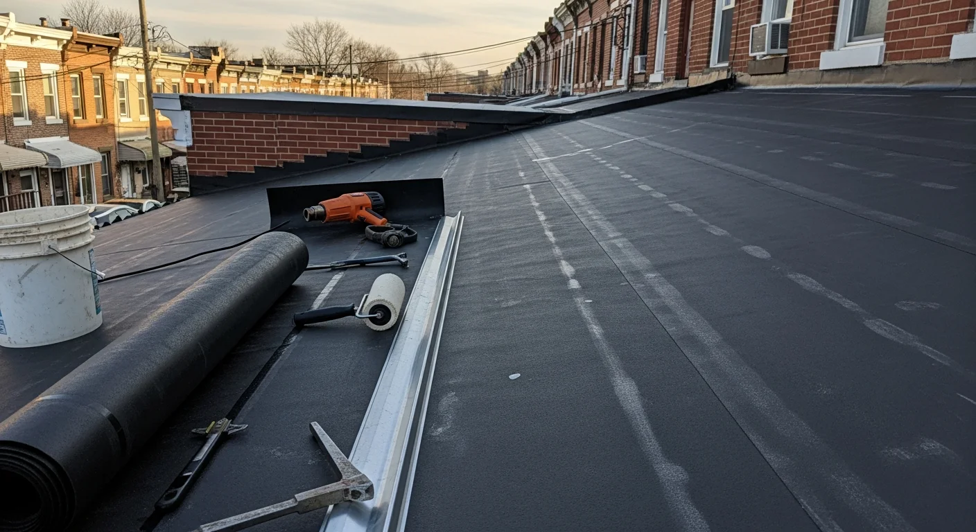 Flat roof repair work on commercial building in Philadelphia