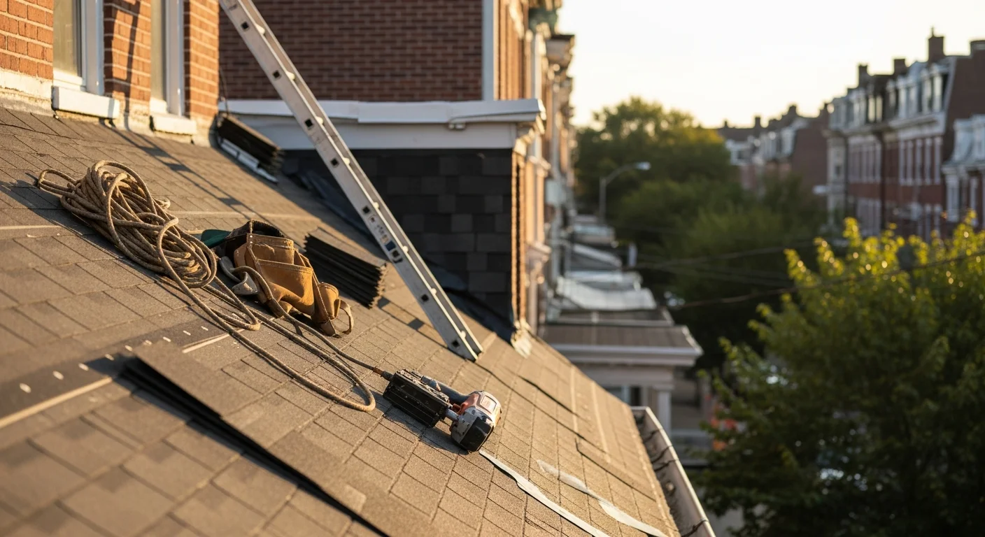 Professional roofer installing new roof on Philadelphia home