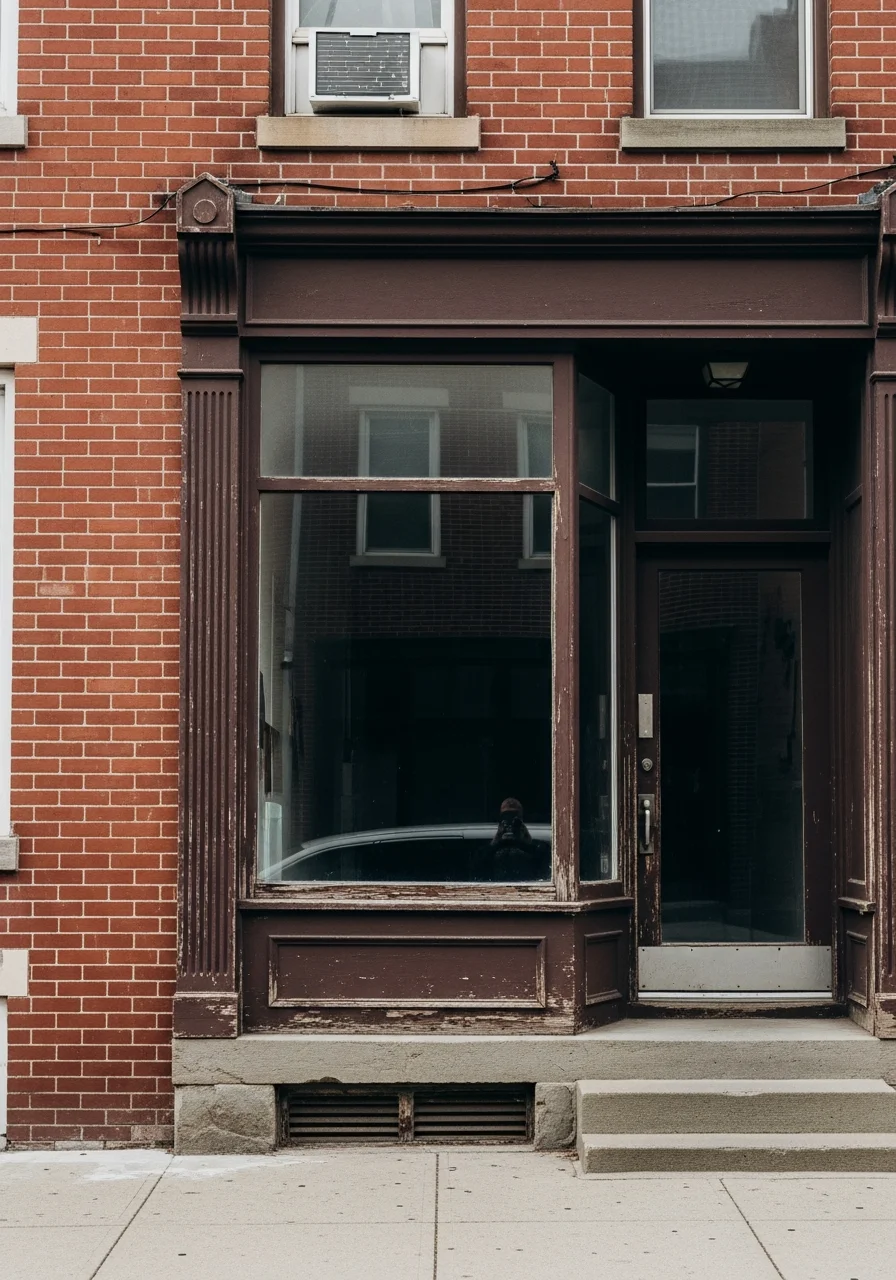 Detail of brick facade and storefront entrance in Kensington showing commercial-residential mix.