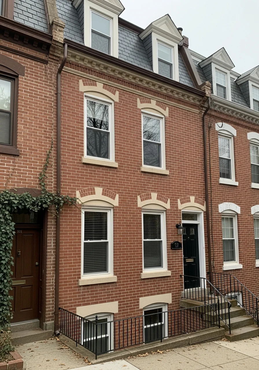 Restored rowhouse exterior in Manayunk showing historic brick and modern window treatments.