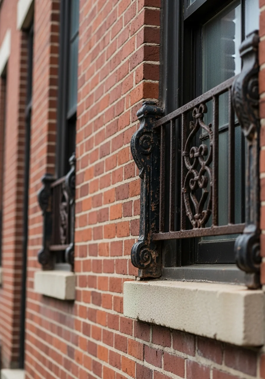 Close-up of ornate brick detailing and window frame on a historic Port Richmond rowhouse.