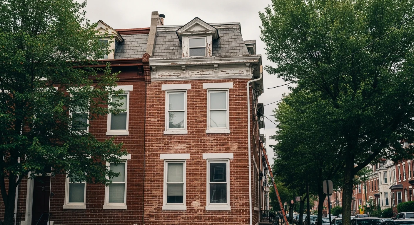 Brick rowhouse facade on a Port Richmond street with mature trees and parked cars.