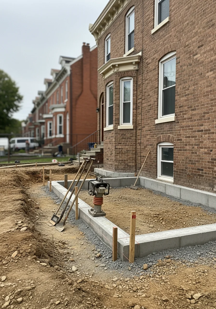 Residential home exterior in Roxborough showing foundation and grading work area.