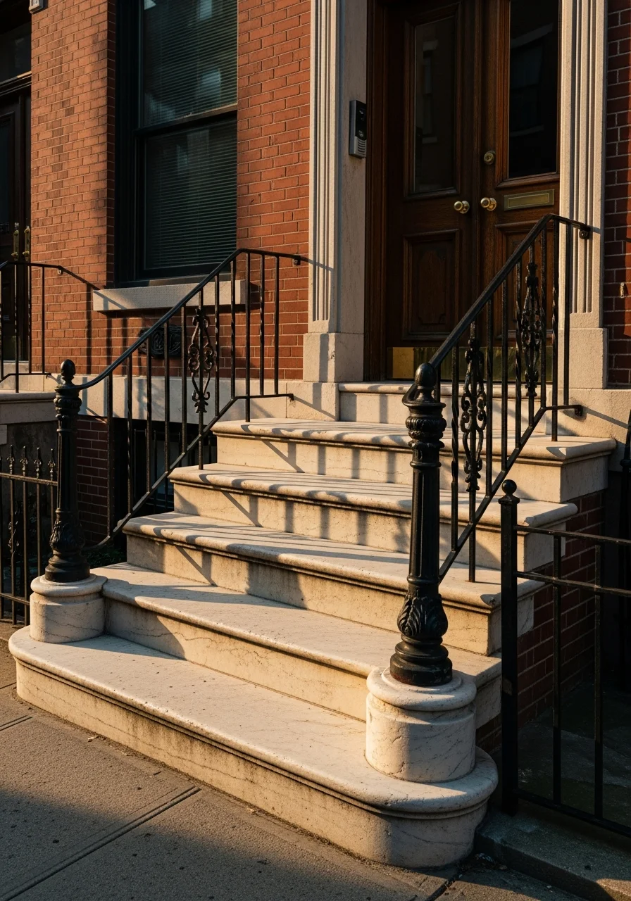 Detail of ornate rowhouse entrance with traditional marble stoop and iron railings.