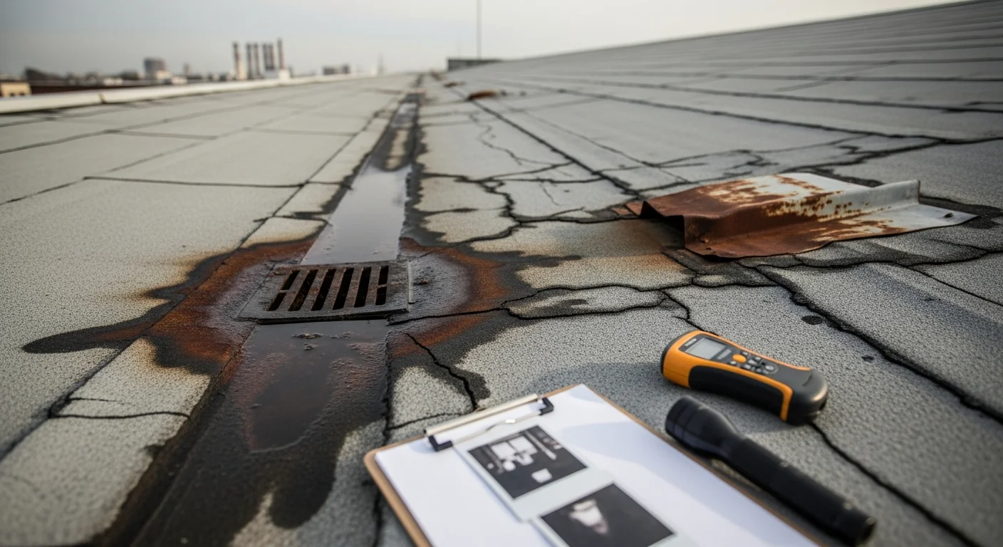 A commercial roofing contractor from Malcolm Bros Roofing inspecting the flat roof membrane and drainage points of a warehouse building in Port Richmond, Philadelphia. The inspector documents findings on a low-slope roof with visible seams and rooftop penetrations under overcast sky.