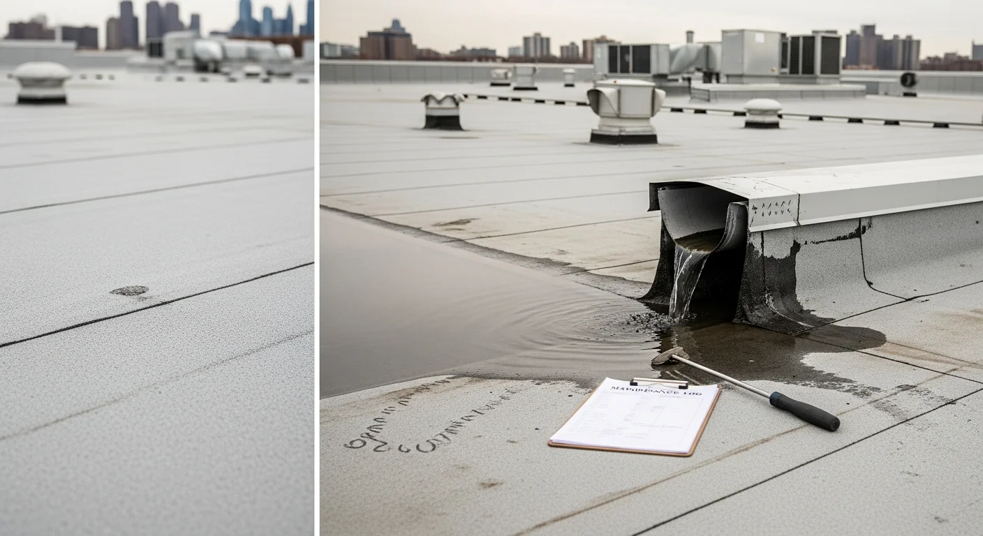 A commercial flat roof on a Port Richmond warehouse being inspected by a Malcolm Bros Roofing technician, with drainage points and membrane seams visible across the low-slope surface. The Delaware River waterfront and dense urban roofline of the River Wards neighborhood are visible in the background.