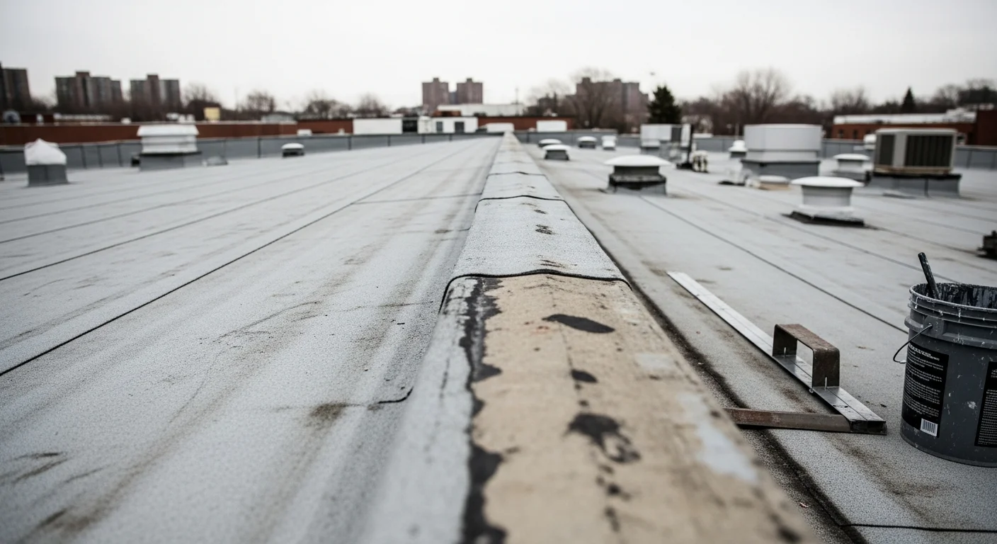A commercial flat roof on a Port Richmond, Philadelphia warehouse showing completed membrane repair work around an HVAC unit penetration. A Malcolm Bros Roofing crew member inspects the sealed seams and flashing detail in daylight.