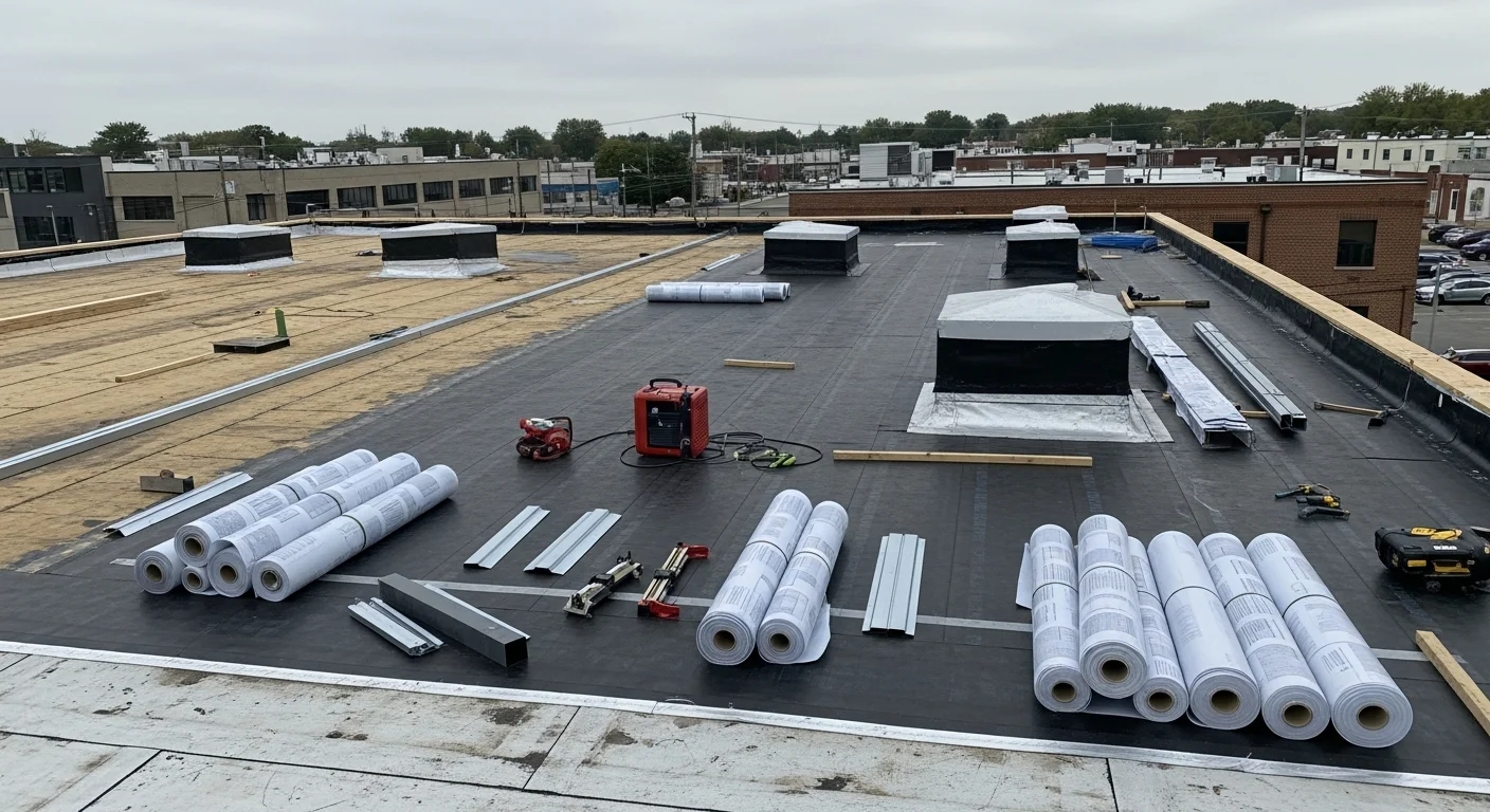 A flat commercial roofing system being replaced on a Port Richmond industrial building, with a roofing crew removing old membrane and preparing the deck for new installation. The surrounding Port Richmond streetscape and adjacent warehouse structures are visible in the background.