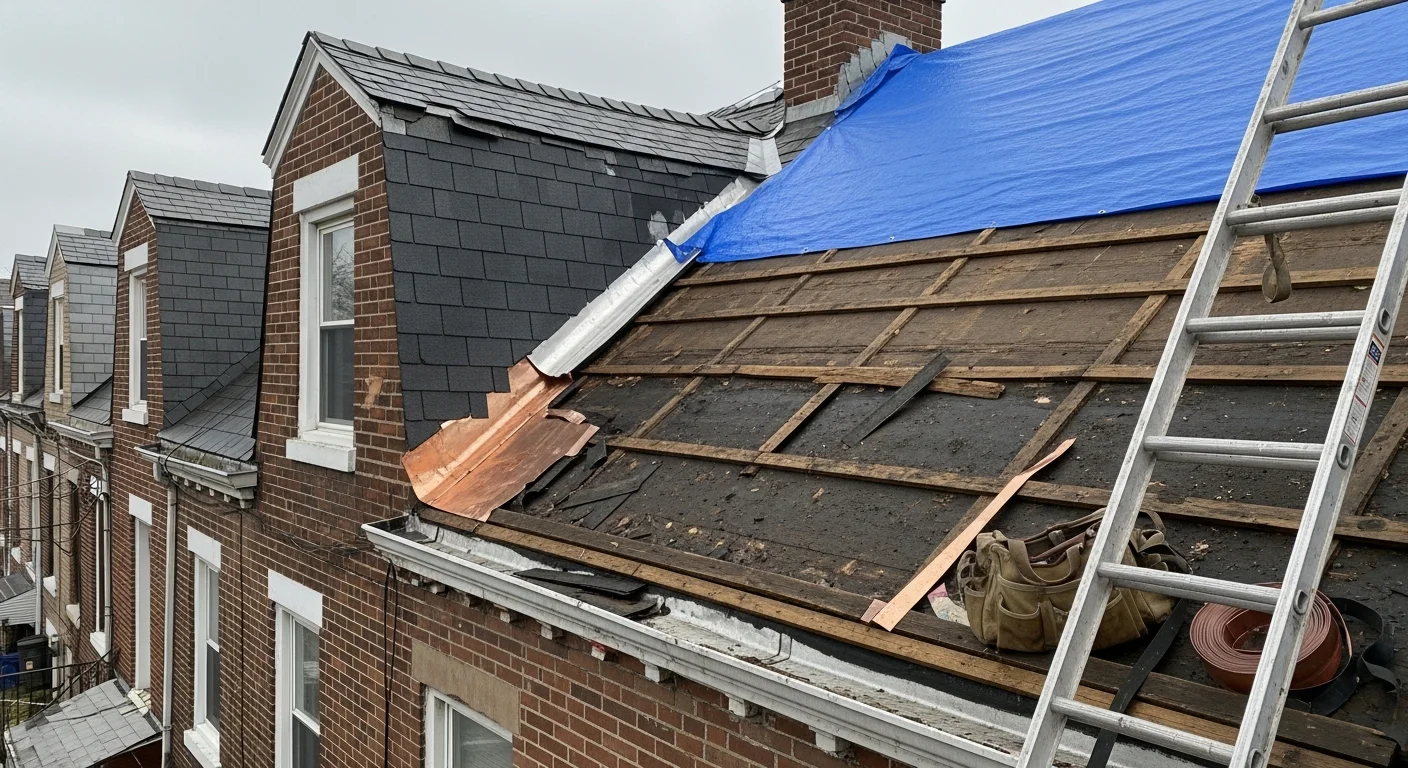 A roofing crew from Malcolm Bros Roofing performing emergency roof repair on a century-old rowhome in Port Richmond, Philadelphia, with visible storm damage to the flat roof section being stabilized.