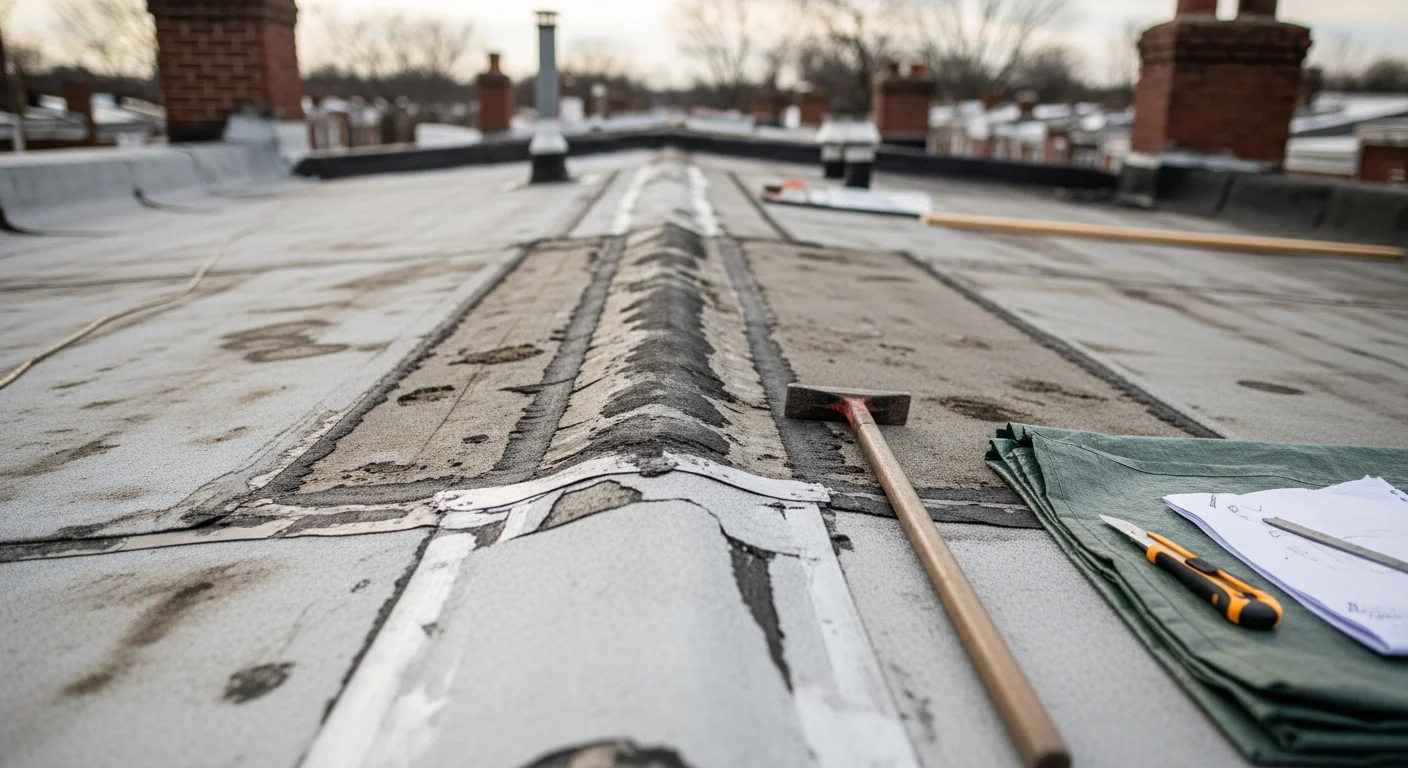 A flat roof on a Port Richmond rowhome showing a repaired membrane surface with sealed seams and clear drainage area. The surrounding attached rowhomes and parapet walls are visible in the background.