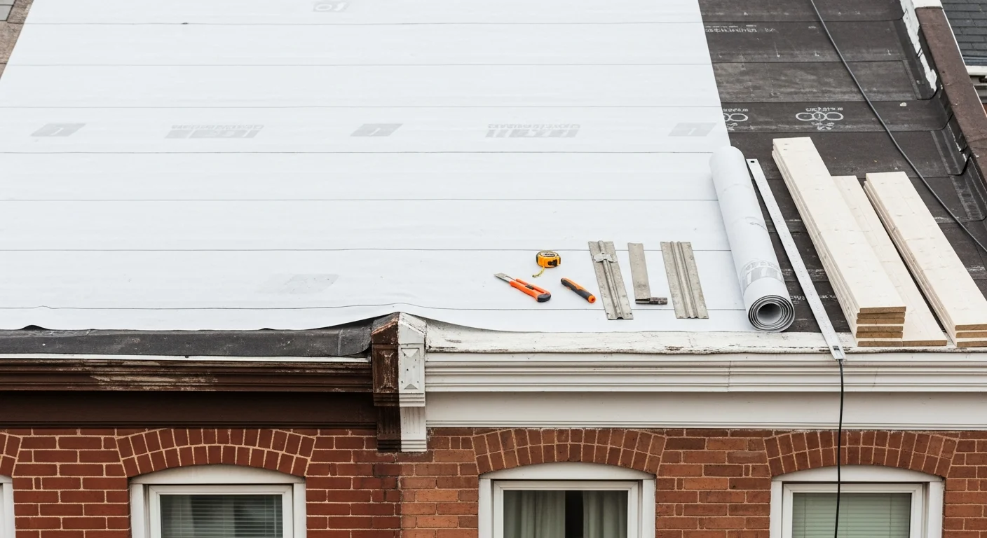 A freshly completed flat roof replacement on a brick row home in Port Richmond, Philadelphia, showing clean membrane seams, new metal edge flashing, and a watertight finish along the parapet wall. The surrounding attached homes and narrow street reflect the typical Port Richmond rowhome streetscape.