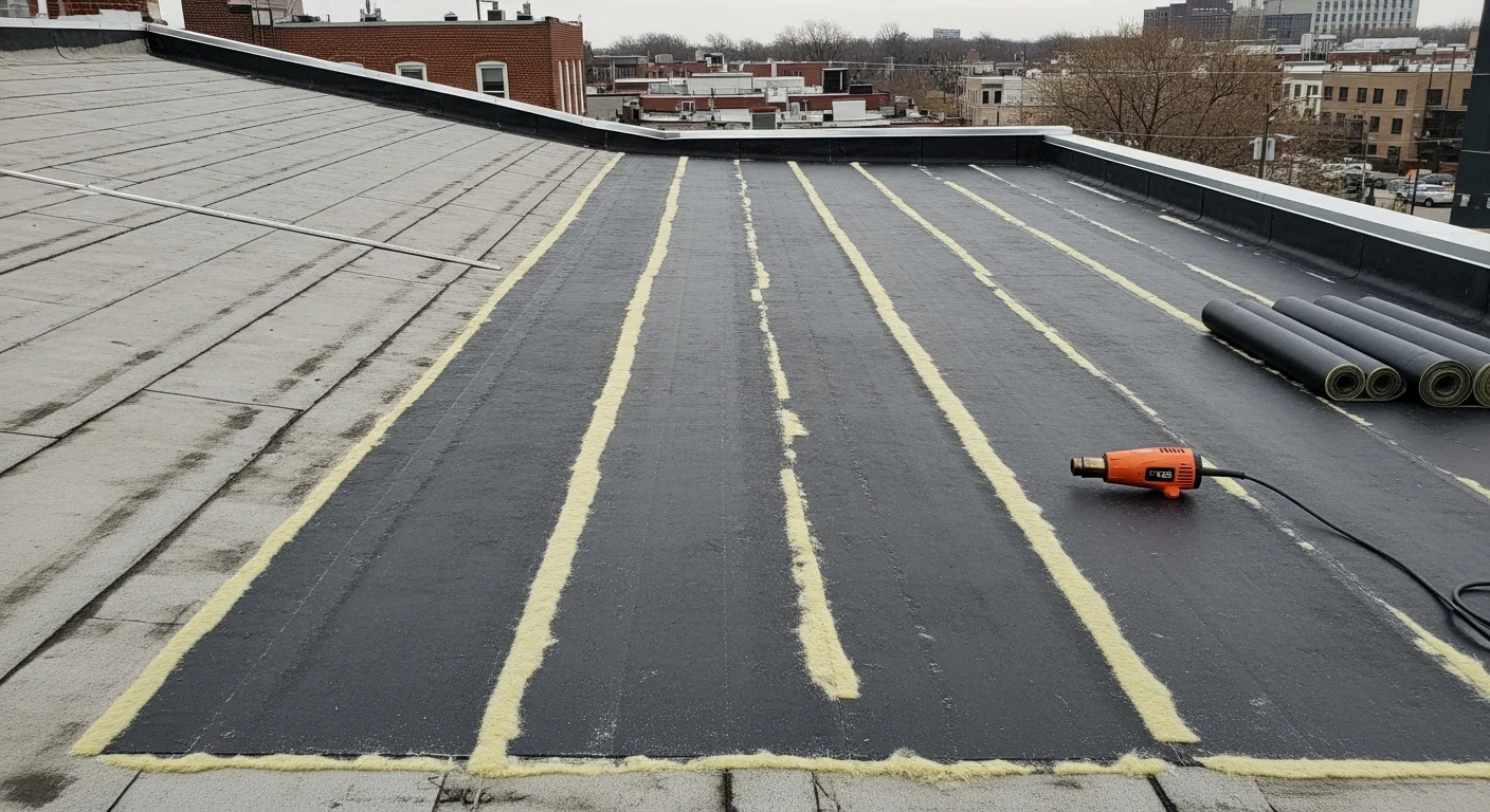 A freshly installed modified bitumen flat roof on a Port Richmond row home, showing smooth membrane layers, sealed parapet edges, and a centered interior drain. A flat roofline with neighboring rowhomes visible in the background.
