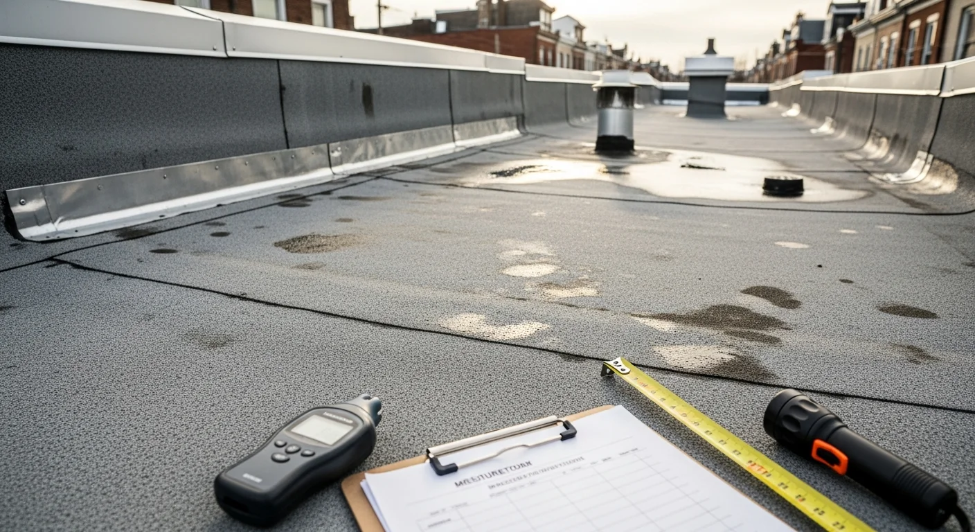 A roofing contractor from Malcolm Bros Roofing inspecting the flat membrane roof of a Port Richmond rowhome, checking seams and flashing along the parapet wall. Close-up view shows worn membrane surface and a drainage point being assessed on a Philadelphia rowhouse rooftop.
