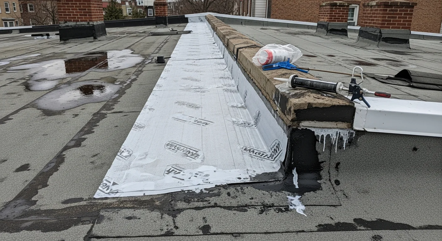 A Port Richmond rowhouse flat roof after repair, showing sealed parapet flashing and a clean membrane surface. Malcolm Bros Roofing crew working on an attached brick rowhome typical of the Port Richmond streetscape.