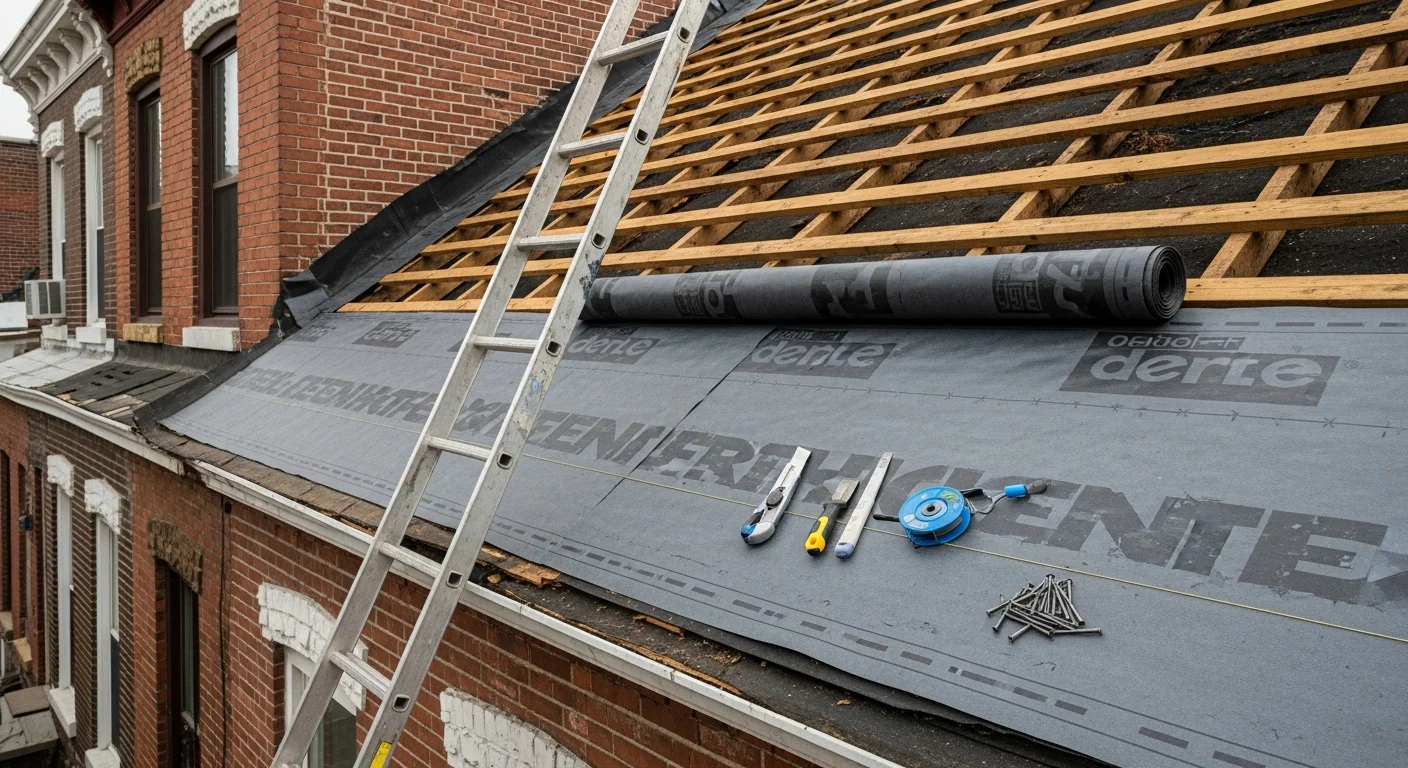 A freshly completed roof replacement on a brick rowhome in Port Richmond, Philadelphia, showing new flat roof membrane installed flush to the parapet walls. The surrounding block of attached homes is visible, reflecting the dense rowhome streetscape typical of the neighborhood.