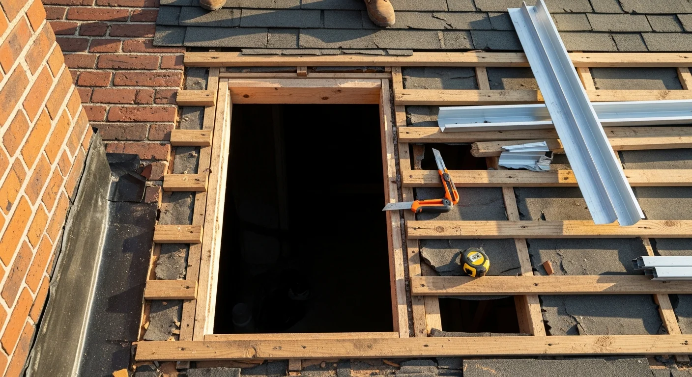 A newly installed skylight on the sloped roof of a brick rowhome in Port Richmond, Philadelphia. The skylight frame is flush with the surrounding shingles, with clean flashing visible at all four edges.