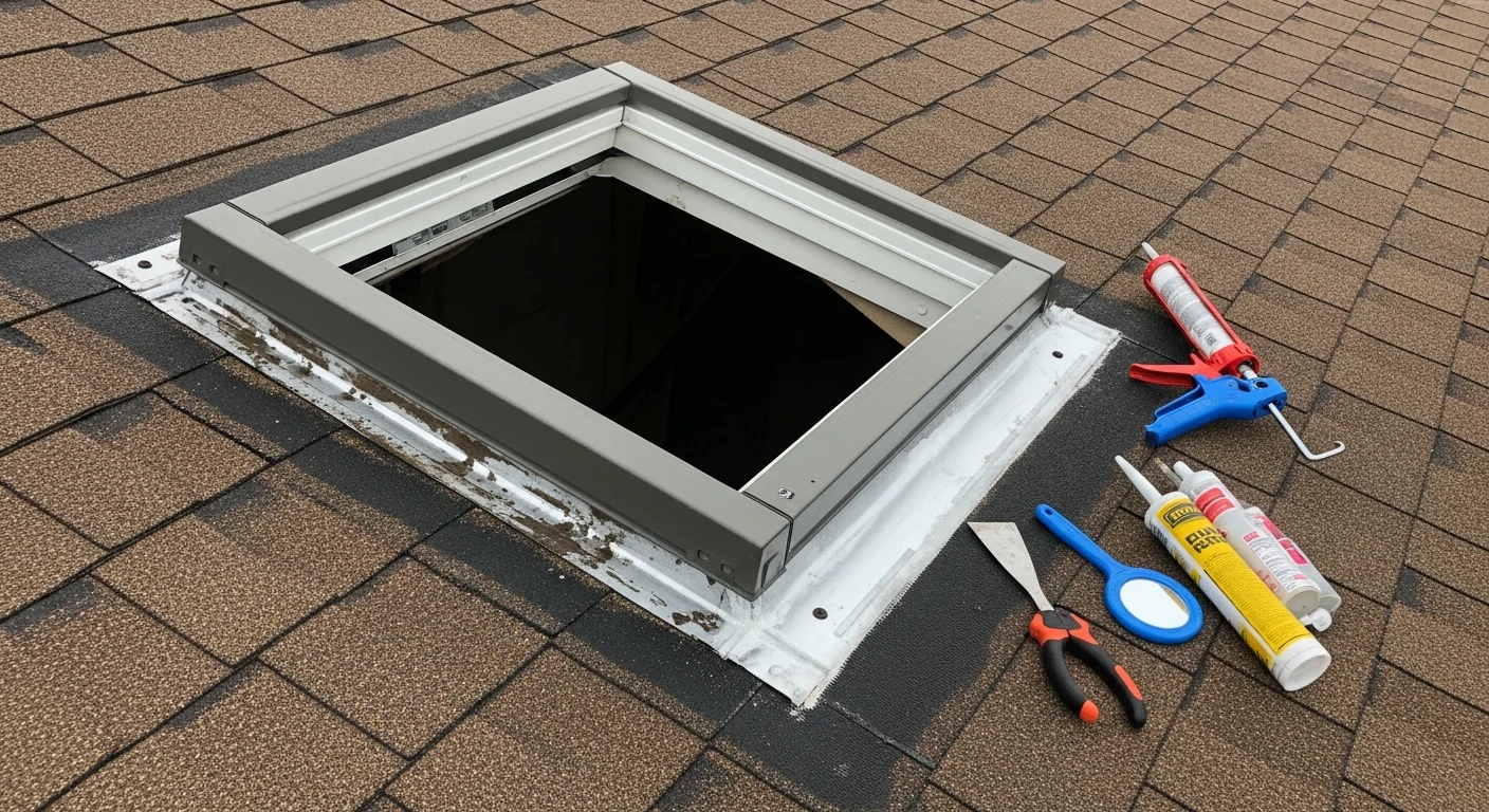 A roofer inspecting and resealing flashing around a skylight on a Port Richmond rowhome rooftop. Close-up view shows repaired metal flashing and a clean, watertight seal along the skylight frame edge.