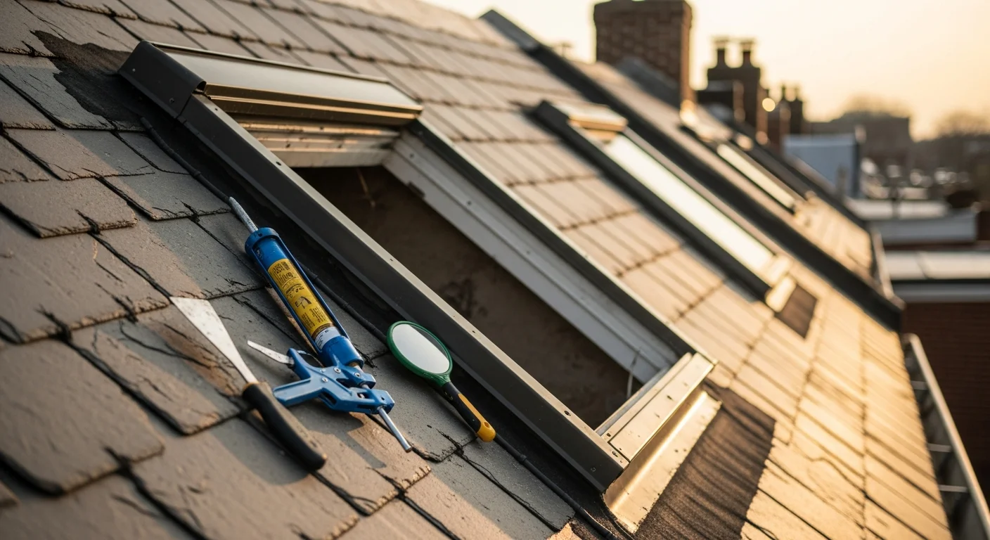 A roofing technician inspecting and resealing the metal flashing around a skylight on a Port Richmond rowhome roof. Close-up view shows the skylight frame, surrounding shingles, and repaired flashing seam in a residential Philadelphia neighborhood setting.