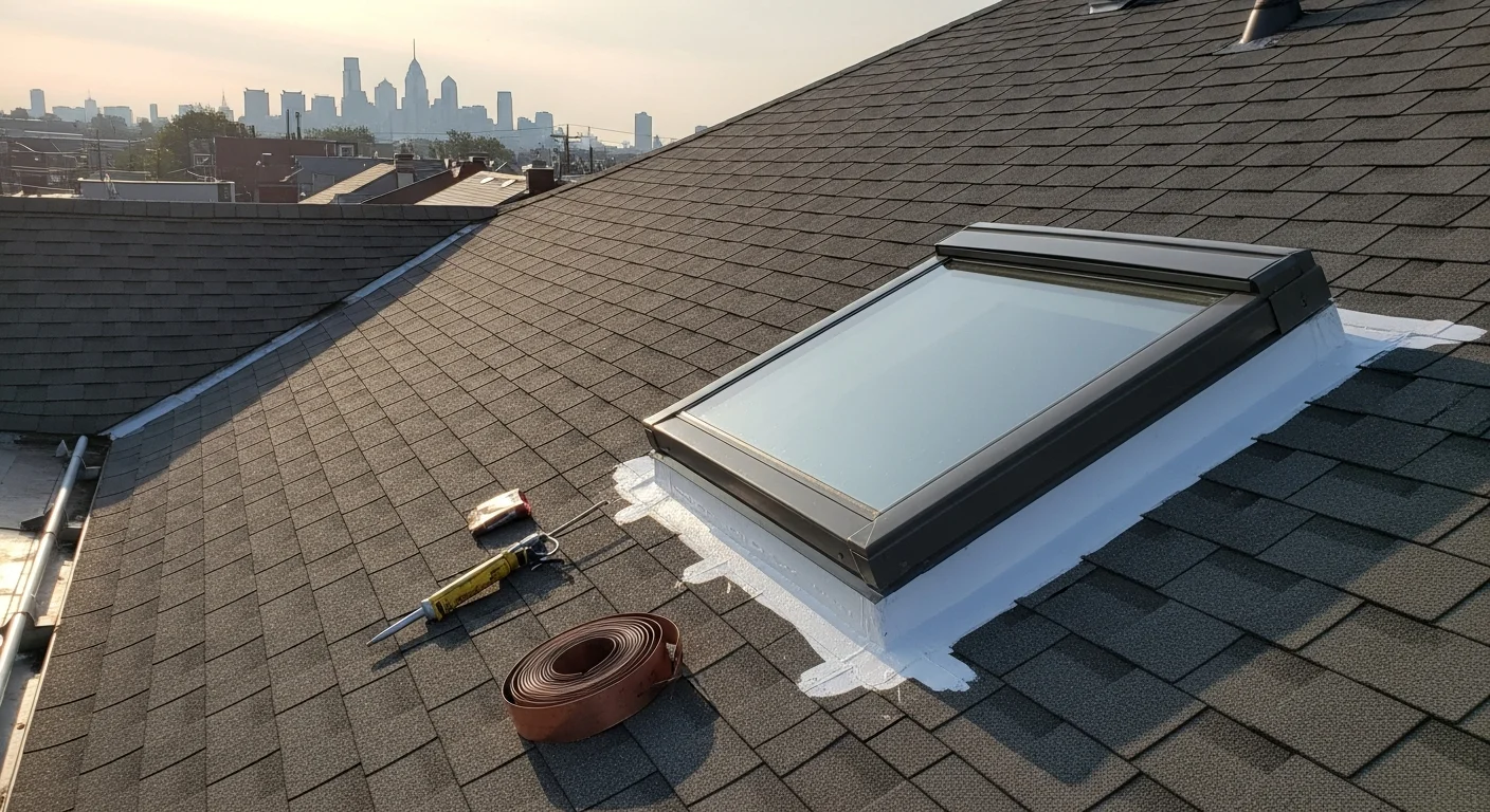 A newly installed skylight on a Port Richmond row home roof, with fresh metal flashing sealed around the curb and clean glazing reflecting an overcast Philadelphia sky. The surrounding shingles show no signs of water staining or lifting at the seam.